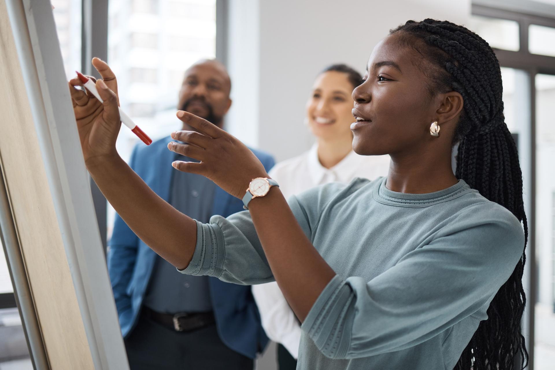 Shot of a young businesswoman using a whiteboard while brainstorming with her colleagues in an office