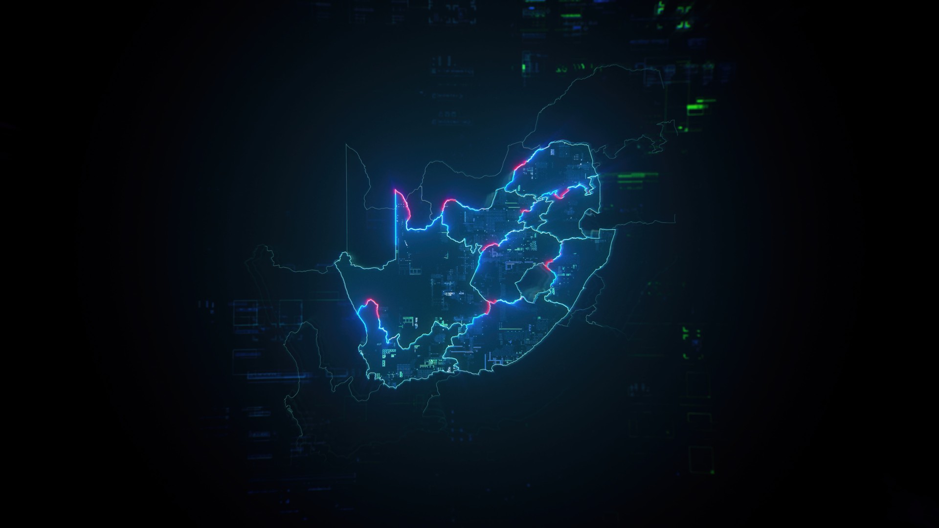 Map of South Africa on dark digital background representing global communication and global finances