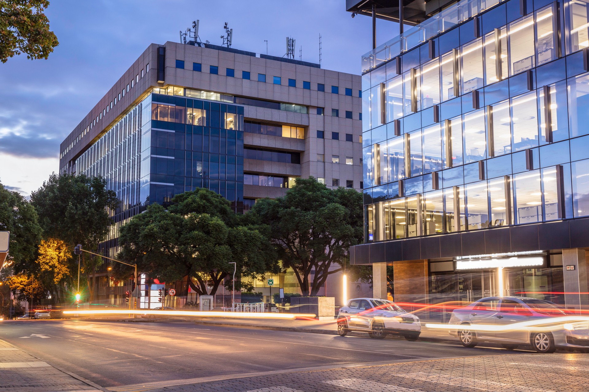 Corporate offices in Rosebank with street light trails